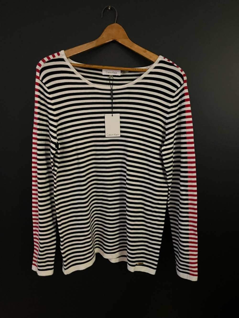 NWT Calvin Klein Women's Black & White Striped Sweater with Red Accent